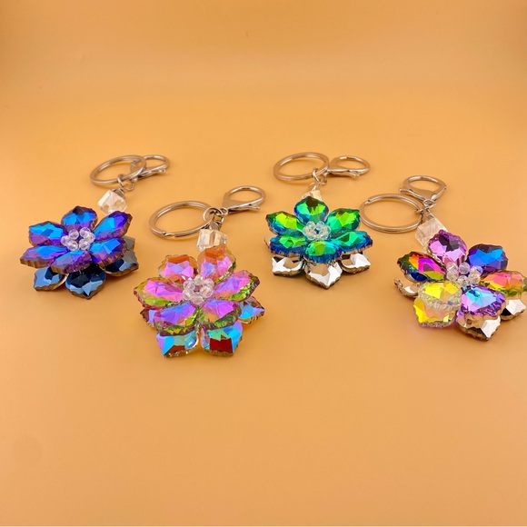 ✨Crystal Flower Sparkly Bling Keychain & Braided PU Leather Key Ring, Bag Charm - Picture 10 of 16